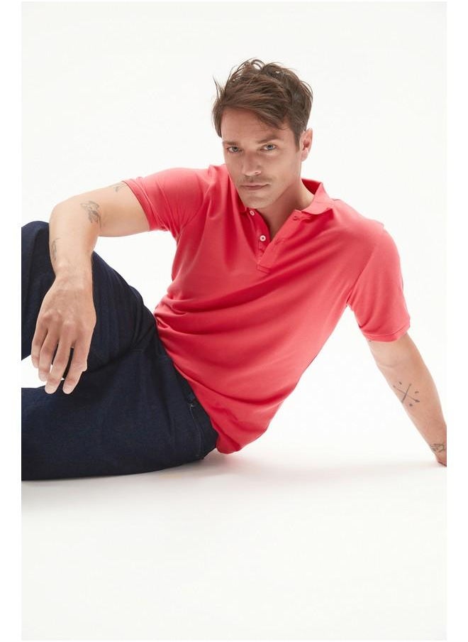 June Men 100% Cotton Basic Relaxed Fit Polo Neck Tshirt Vermilion