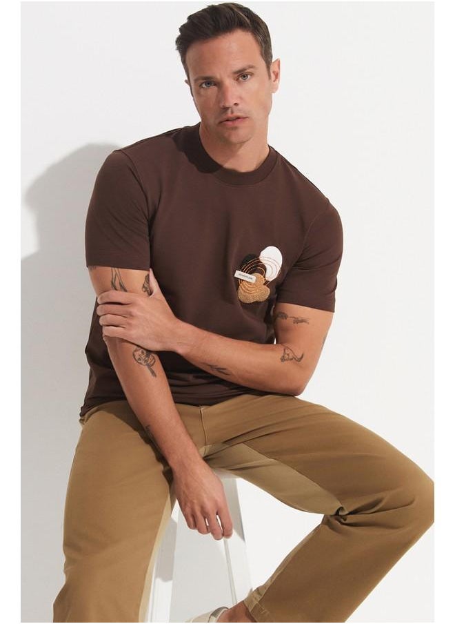 June Men Regular Fit Embroidered Short Sleeve Crew Neck Tshirt Brown