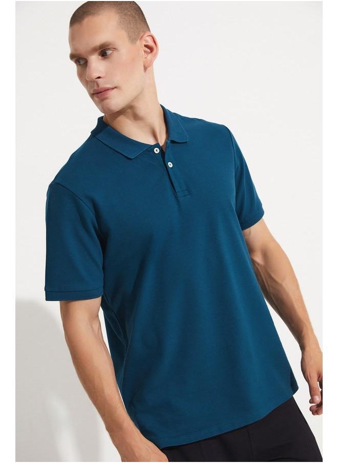 June Men 100% Cotton Basic Relaxed Fit Polo Neck Tshirt Dark Teal