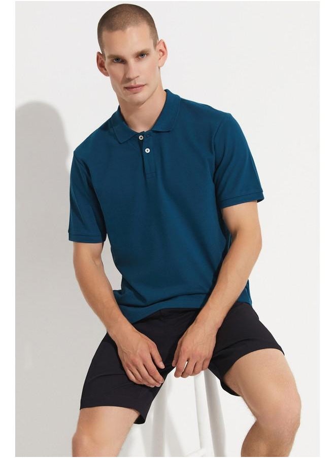 June Men 100% Cotton Basic Relaxed Fit Polo Neck Tshirt Dark Teal