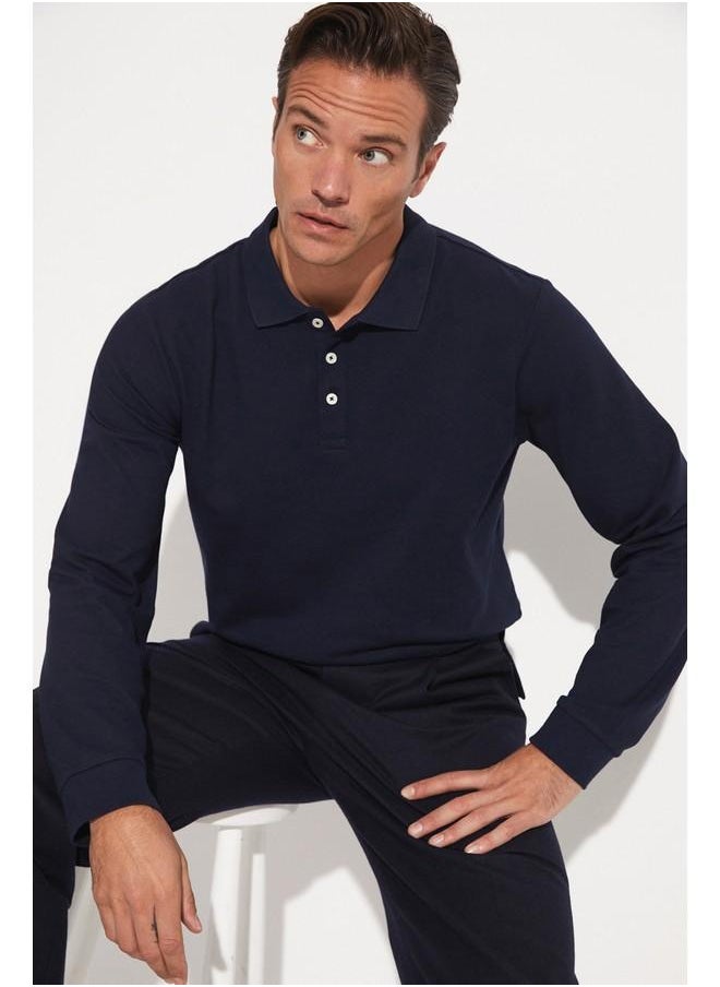 June Men Regular Fit Long Sleeve Polo Neck Tshirt Dark Navy