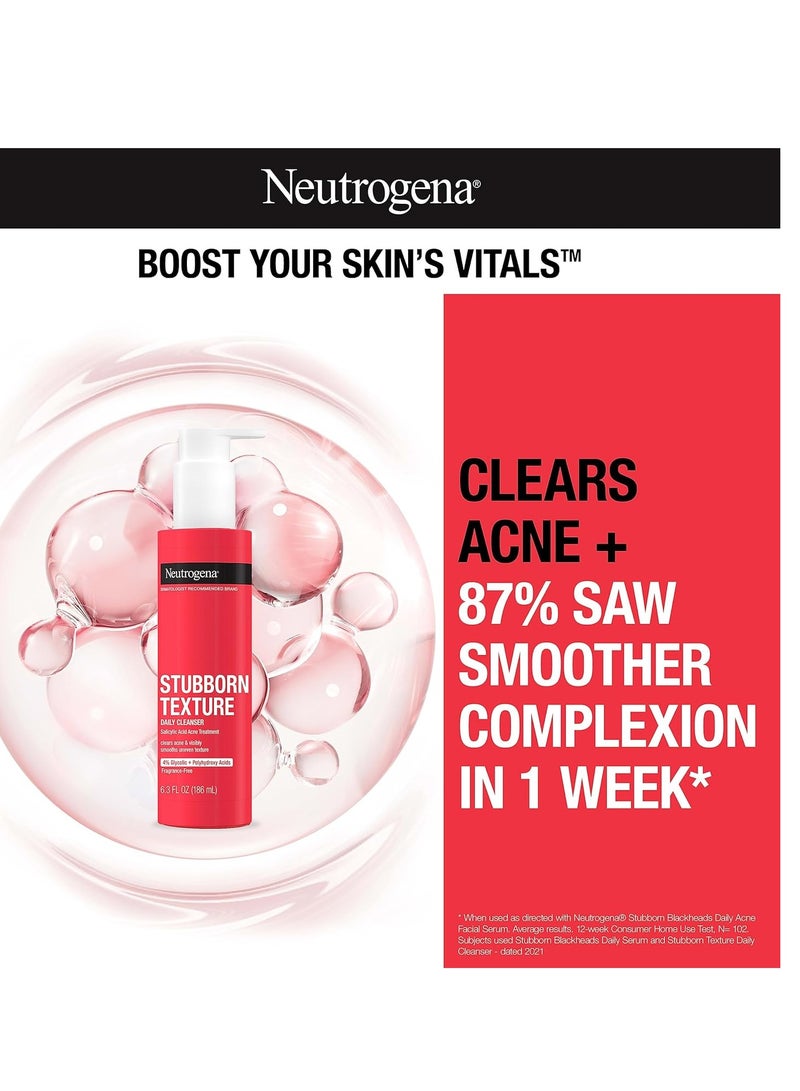 Stubborn Texture Daily Acne Facial Cleanser, Salicylic Acid Face Wash + Glycolic & Polyhydroxy Acids, Fragrance-Free, 6.3 fl. Oz 186 mlml