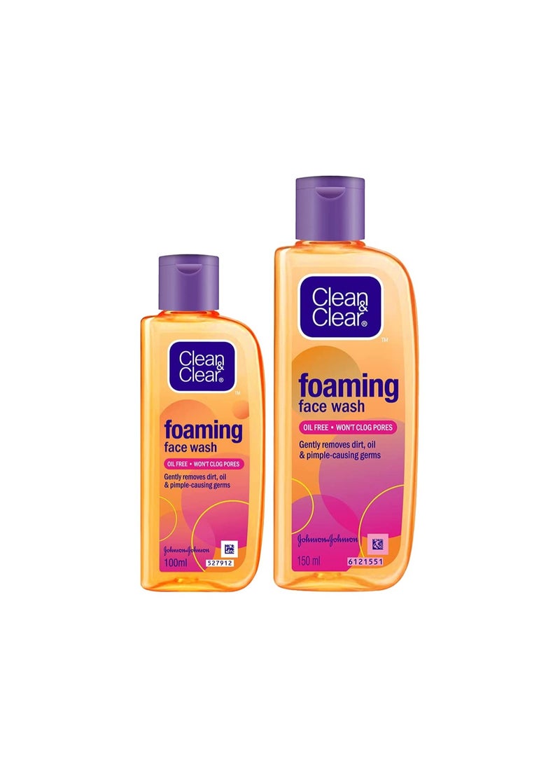 Clean & Clear Foaming Facewash Gently removes dirt, oil & pimple-causing germs Pack of 2 (100ml & 150ml)