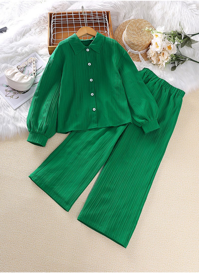 Kids Clothing Sets For Girls Solid Green Button-Down Blouse & Elastic-Waist Pants 2 Pieces Set Modest Tween Girls Sets Long Sleeve Top & Long Pants 8-12 Years Girls Outfit Kids Casual Sets Vacation Festival Birthday Party Family Gathering Communion Clothes