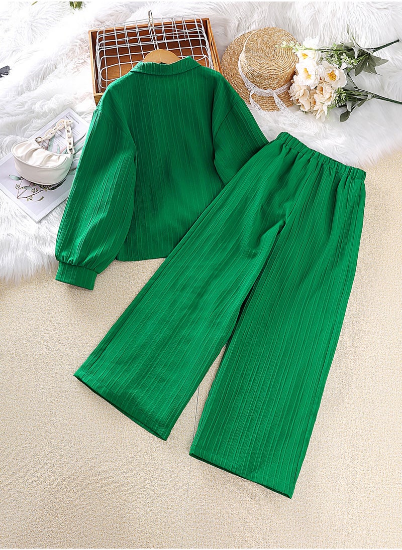 Kids Clothing Sets For Girls Solid Green Button-Down Blouse & Elastic-Waist Pants 2 Pieces Set Modest Tween Girls Sets Long Sleeve Top & Long Pants 8-12 Years Girls Outfit Kids Casual Sets Vacation Festival Birthday Party Family Gathering Communion Clothes