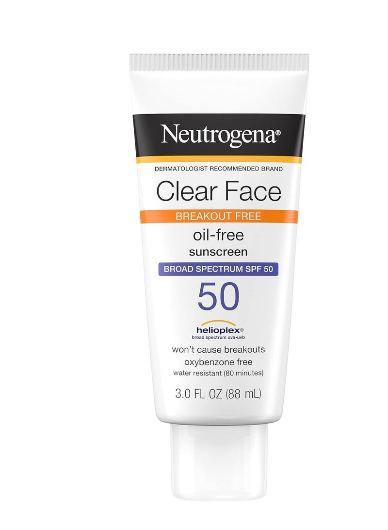 Face Sunscreen, Broad Spectrum SPF 50 Clear Face, Breakout Free Lotion, Fragrance- & Oxybenzone-Free, Non-Comedogenic, 3 fl. ozFluid Ounce