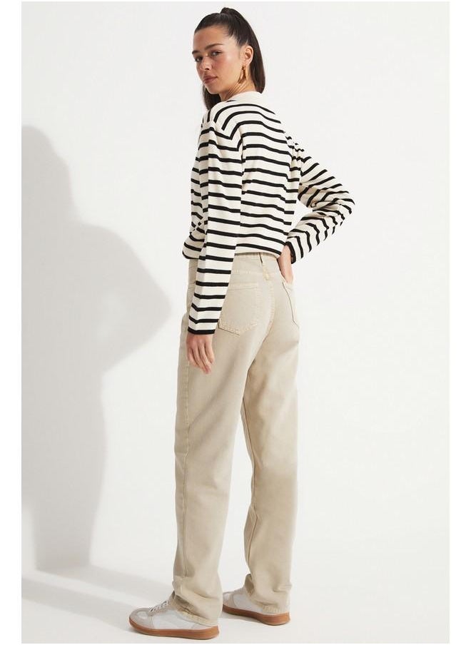 Women 100% Cotton Front Stitch Detail High Waist Jean Ecru