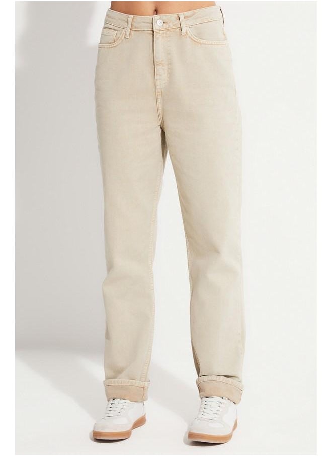 Women 100% Cotton Front Stitch Detail High Waist Jean Ecru