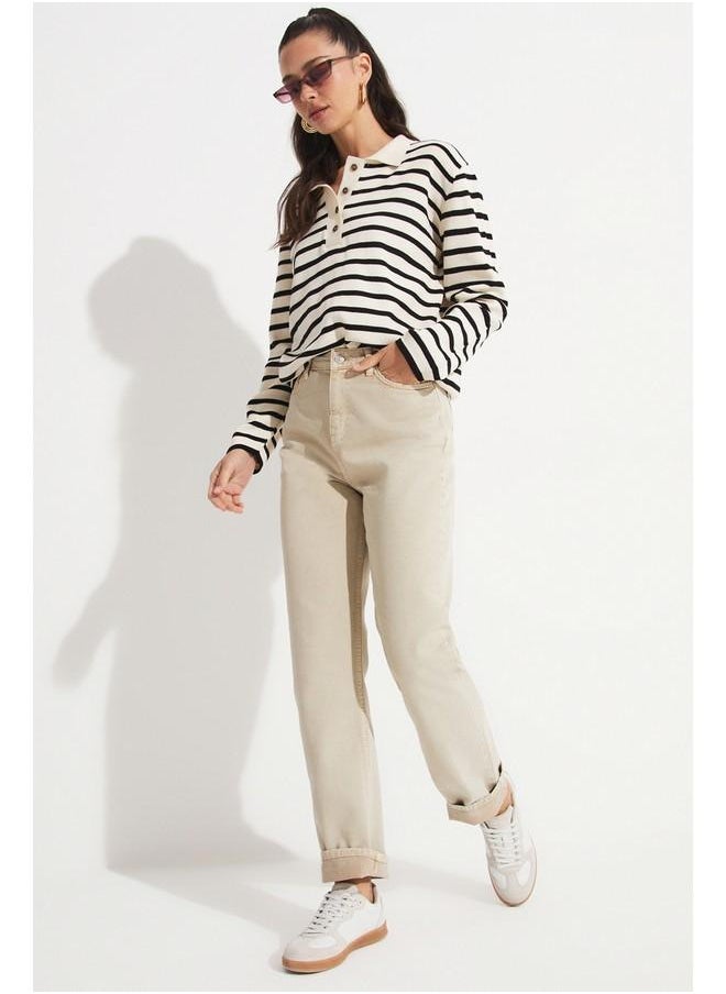 Women 100% Cotton Front Stitch Detail High Waist Jean Ecru