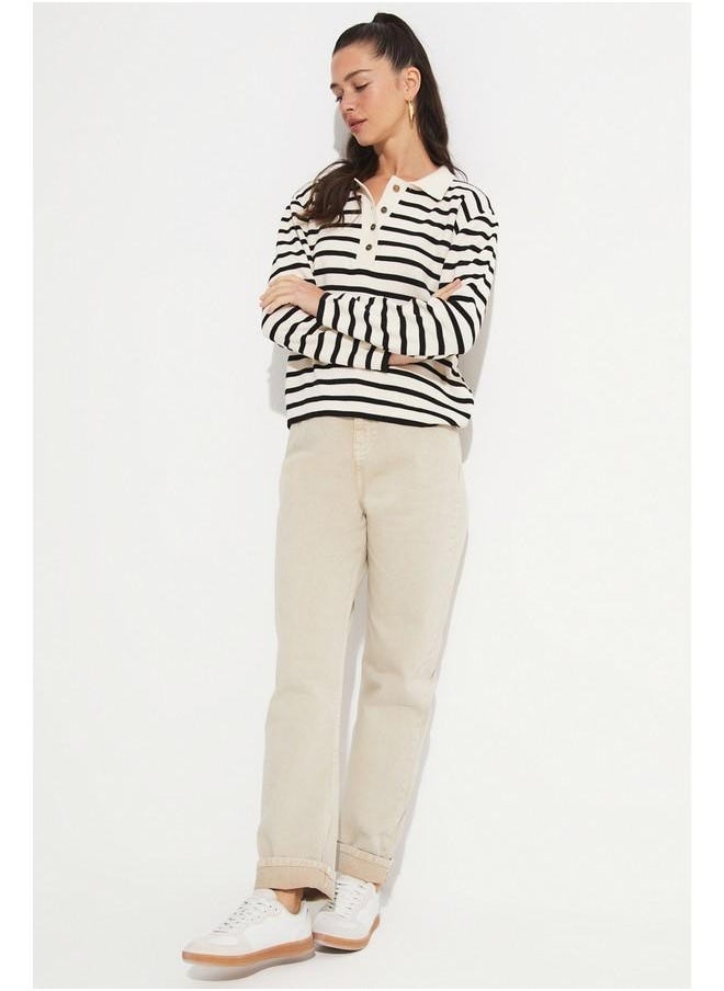 Women 100% Cotton Front Stitch Detail High Waist Jean Ecru