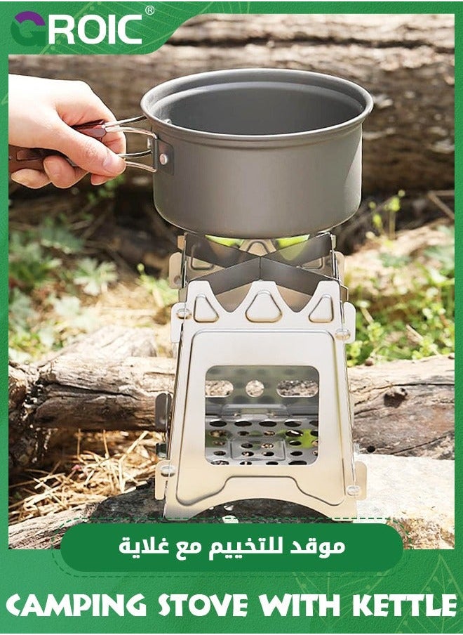 Portable Camping Stove with 1.1L Kettle, Burning Stoves Folding Stainless Steel Stove, Light Weight Backpacking Campfire Camp Kettle for BBQ Picnic Travel Hiking