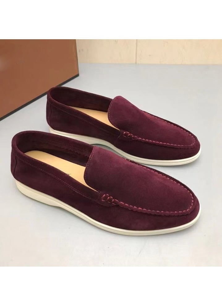 Men's Classic Loafers Slip-On Suede Shoes Lightweight And Breathable With Rubber Sole Stylish Loafers Wine Red