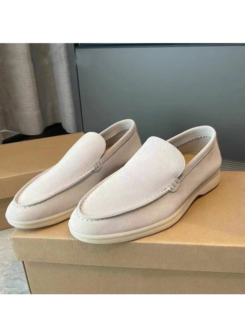 Men's Classic Loafers Slip-On Suede Shoes Lightweight And Breathable With Rubber Sole Stylish Loafers Cream White