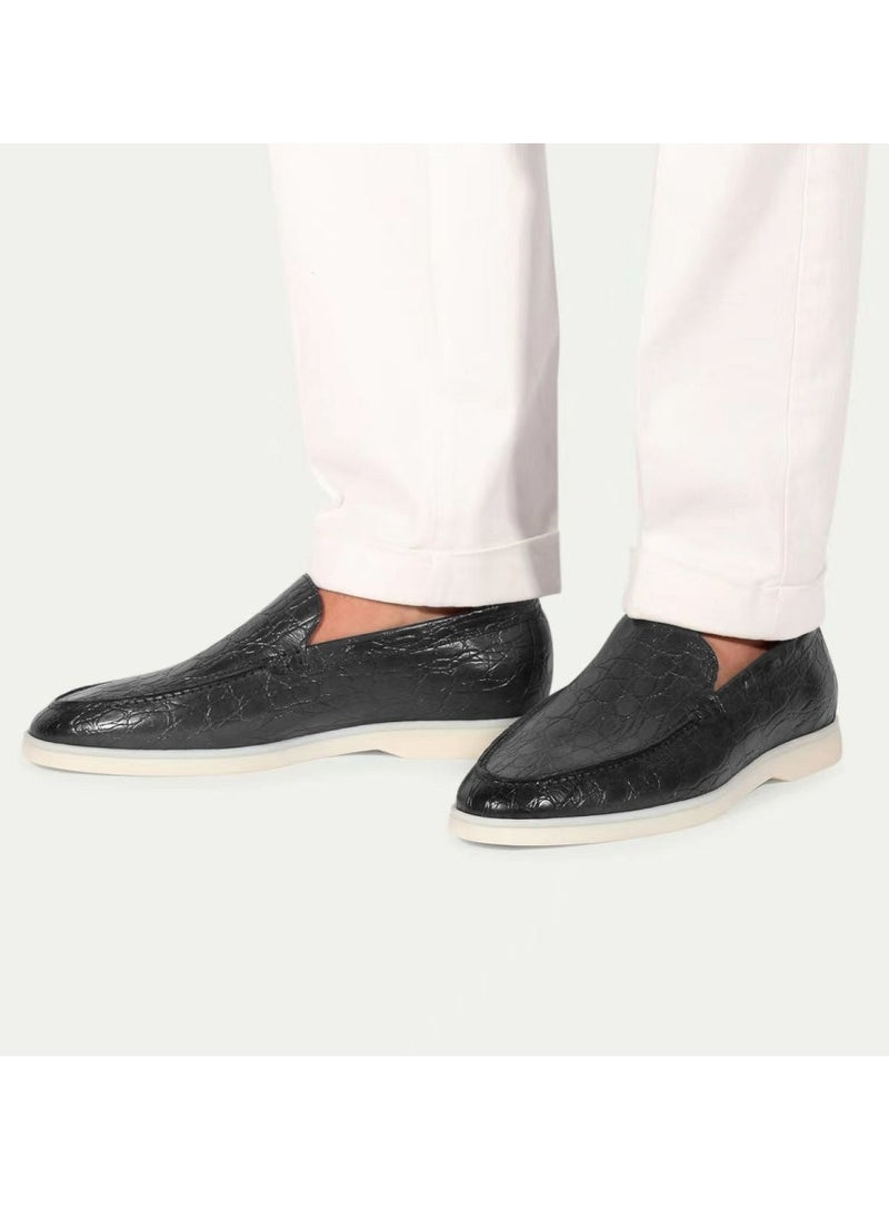Men's Classic Loafers Slip-On Shoes Lightweight And Breathable With Rubber Sole Stylish Loafers Crocodile Pattern Black