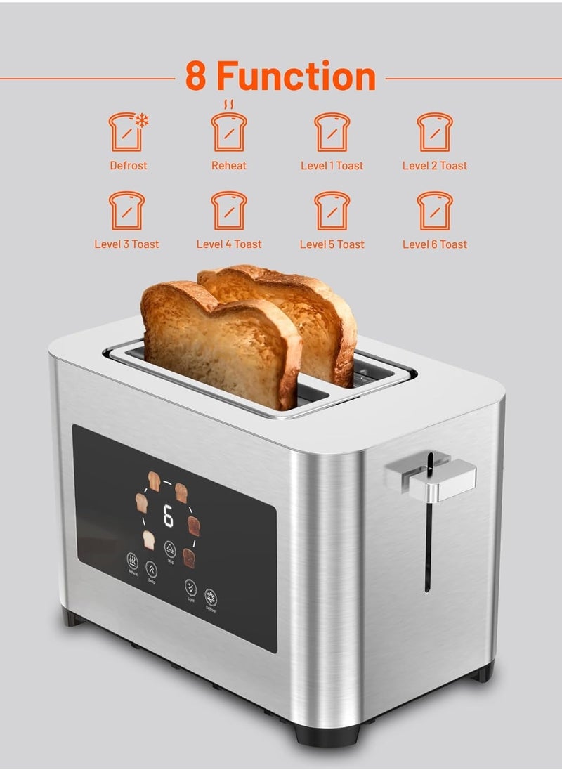 2-Slice Digital Pop up Toaster 850W, 6 Browning Levels, Defrost Heat Levels, Crumb Tray, Touch Panel, Smart Memory Function, Stainless Steel Housing - Silver