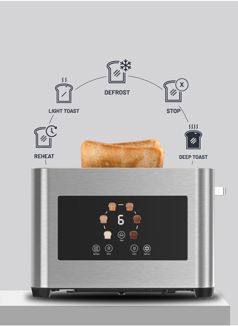 2-Slice Digital Pop up Toaster 850W, 6 Browning Levels, Defrost Heat Levels, Crumb Tray, Touch Panel, Smart Memory Function, Stainless Steel Housing - Silver