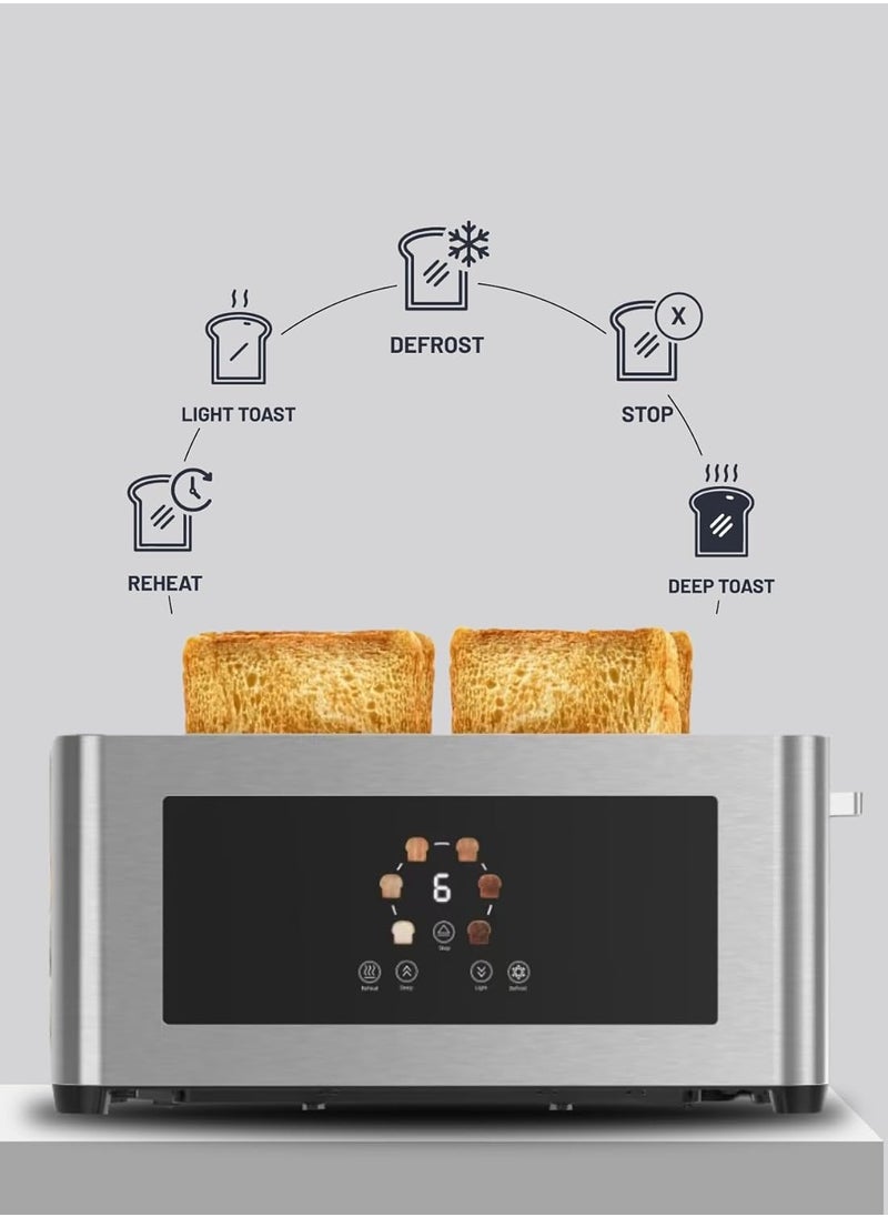 4-Slice Digital Pop up Toaster1400W, 6 Browning Levels, Defrost Heat Levels, Crumb Tray, Touch Panel, Smart Memory Function, Stainless Steel Housing