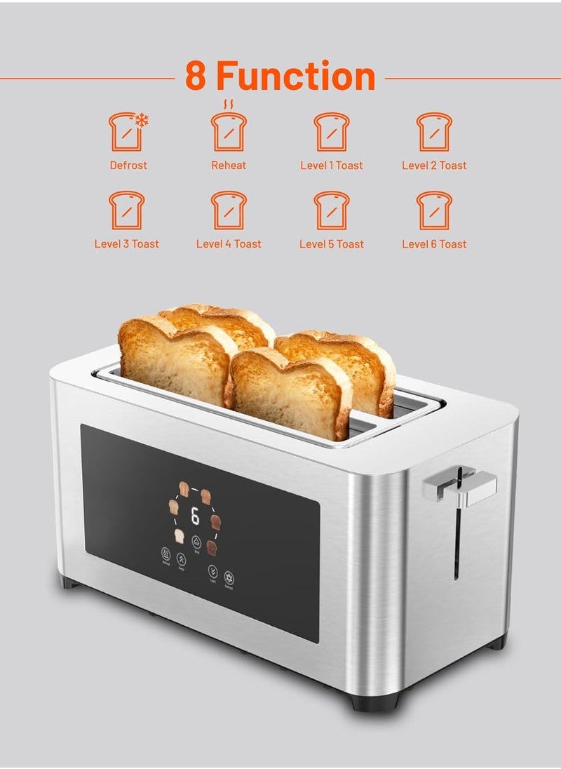 4-Slice Digital Pop up Toaster1400W, 6 Browning Levels, Defrost Heat Levels, Crumb Tray, Touch Panel, Smart Memory Function, Stainless Steel Housing