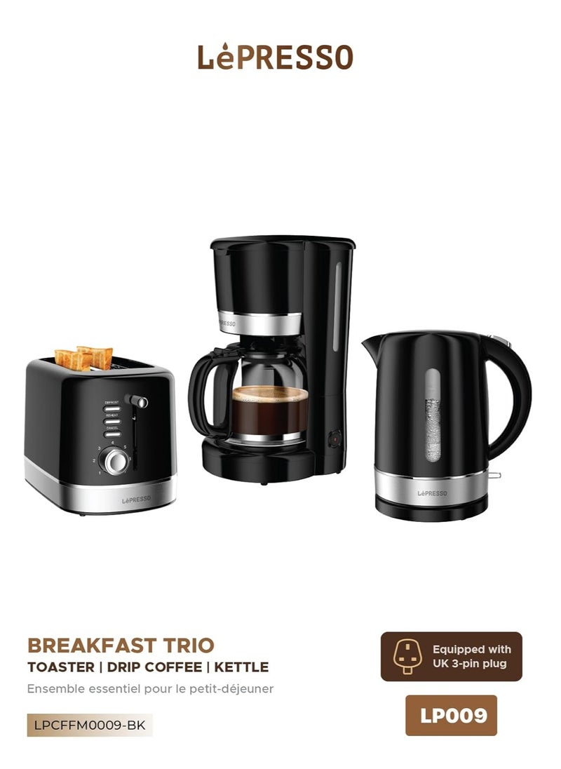 Breakfast Set 2 Slice Toaster, 1.7L Kettle and Drip Coffee Maker Auto Open Lid Crumb Tray Handle Electronic Browning Control Washable Nylon Filter Over Heat Protection, Coffee Machine