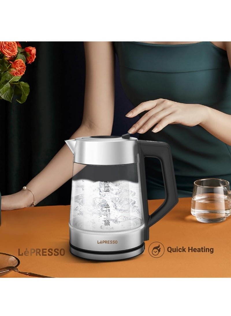 Multi-Temperature Illuminated Glass Kettle, 2200W 1.7L Capacity, Boil Dry Protection, Ergonomic Handle, Intuitive Control Panel with Light