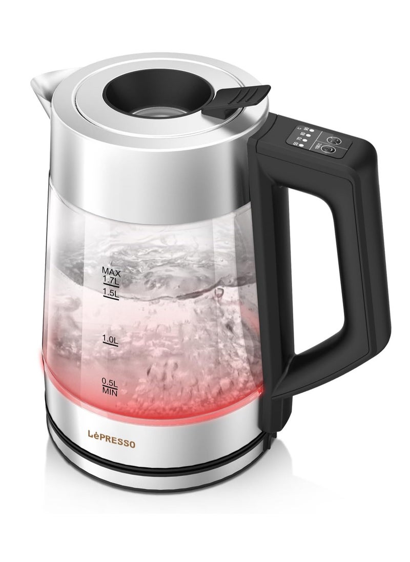 Multi-Temperature Illuminated Glass Kettle, 2200W 1.7L Capacity, Boil Dry Protection, Ergonomic Handle, Intuitive Control Panel with Light