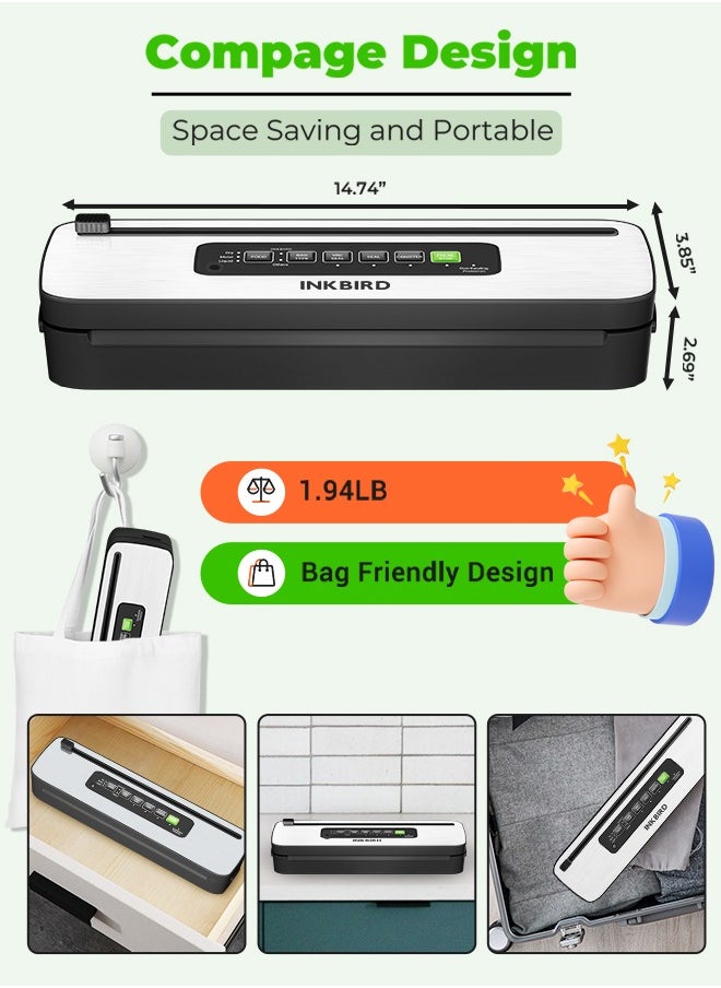 INKBIRD Compact Home Vacuum Sealer Machine INK-VS05, Dry/Moist/Liquid Food Types with Vac&Seal/Seal Only/Pulse/Canister Modes, Cooling Sealing Strip, Overheat Protection System