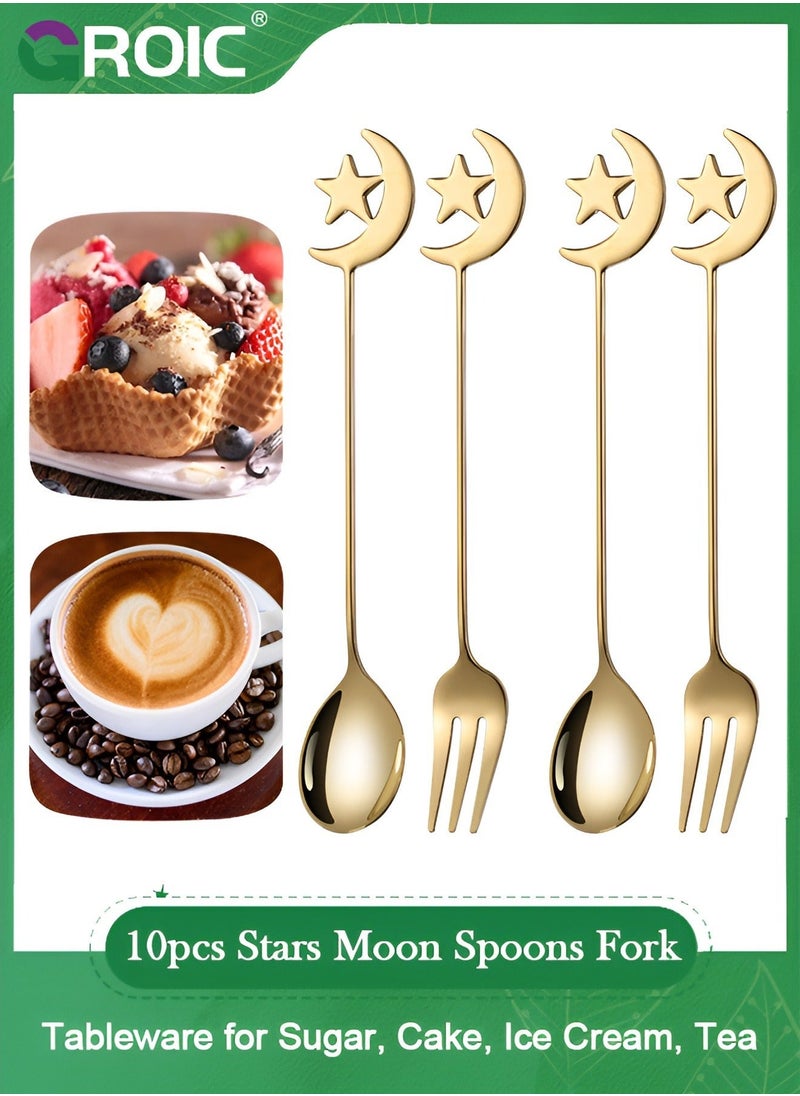 10pcs Stars Moon Spoons Fork, Espresso Fruit Forks, Stainless Steel Mini Creative Tableware for Sugar, Cake, Ice Cream, Tea, Stirring Mixing Teaspoon Set