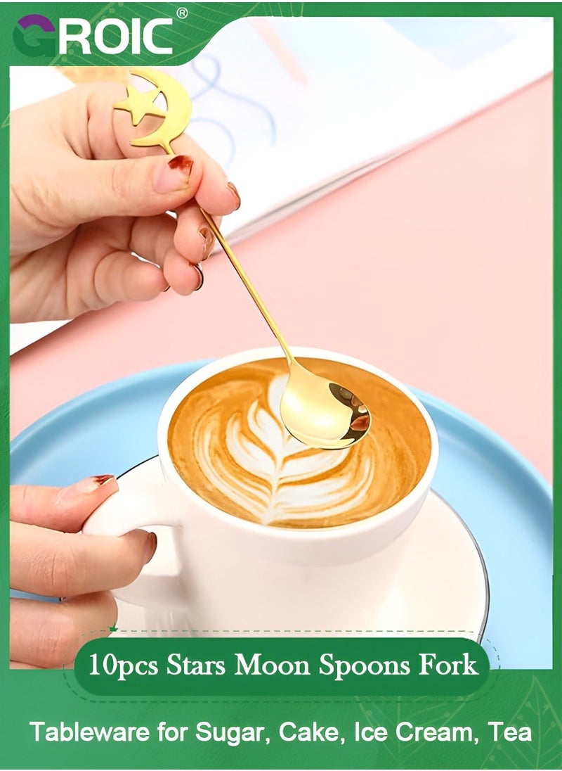 10pcs Stars Moon Spoons Fork, Espresso Fruit Forks, Stainless Steel Mini Creative Tableware for Sugar, Cake, Ice Cream, Tea, Stirring Mixing Teaspoon Set