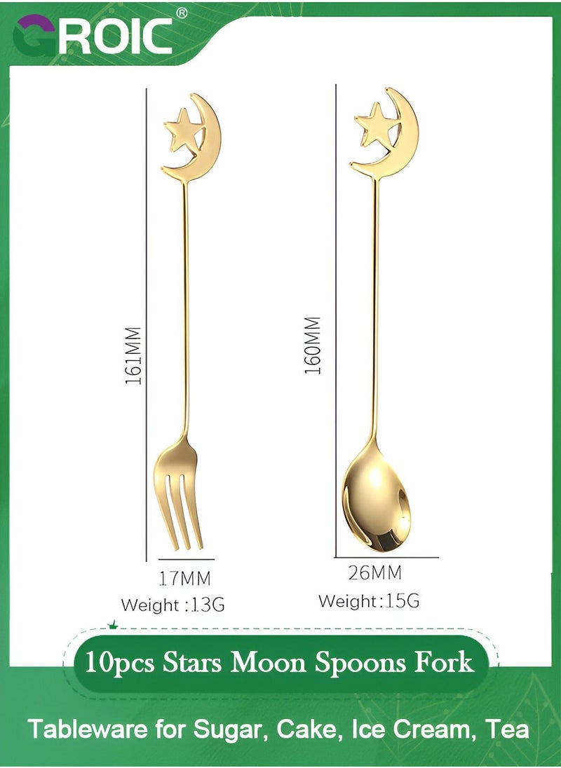 10pcs Stars Moon Spoons Fork, Espresso Fruit Forks, Stainless Steel Mini Creative Tableware for Sugar, Cake, Ice Cream, Tea, Stirring Mixing Teaspoon Set