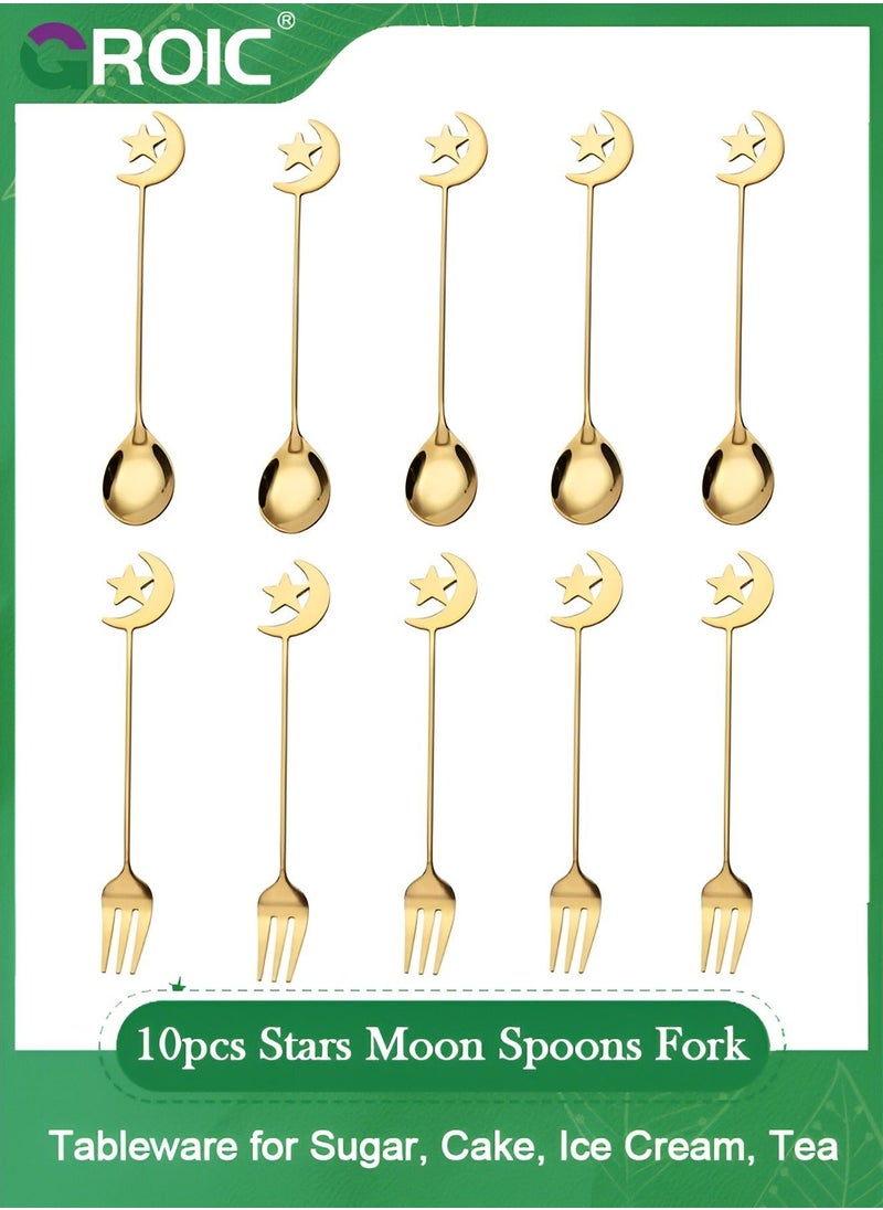 10pcs Stars Moon Spoons Fork, Espresso Fruit Forks, Stainless Steel Mini Creative Tableware for Sugar, Cake, Ice Cream, Tea, Stirring Mixing Teaspoon Set