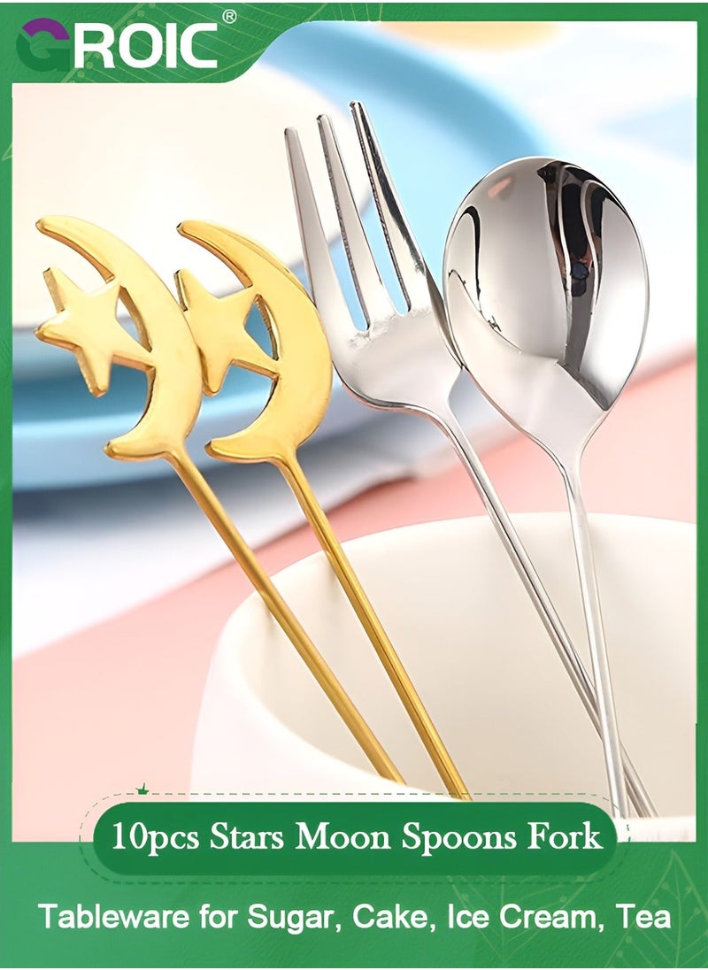 10pcs Stars Moon Spoons Fork, Espresso Fruit Forks, Stainless Steel Mini Creative Tableware for Sugar, Cake, Ice Cream, Tea, Stirring Mixing Teaspoon Set