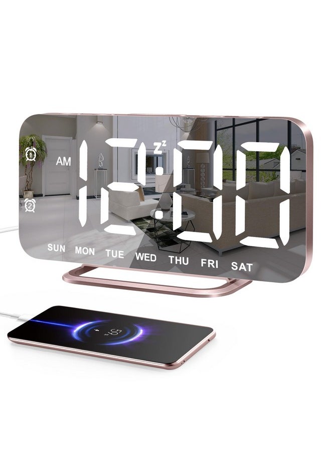 Super Slim Led Digital Alarm Clock, Mirror Surface For Makeup, With Diming Mode, 4 Levels Brightness, Large Display, Easy Setting, Dual Usb Ports, Modern Decoration For Home, Bedroom Decor, Pink