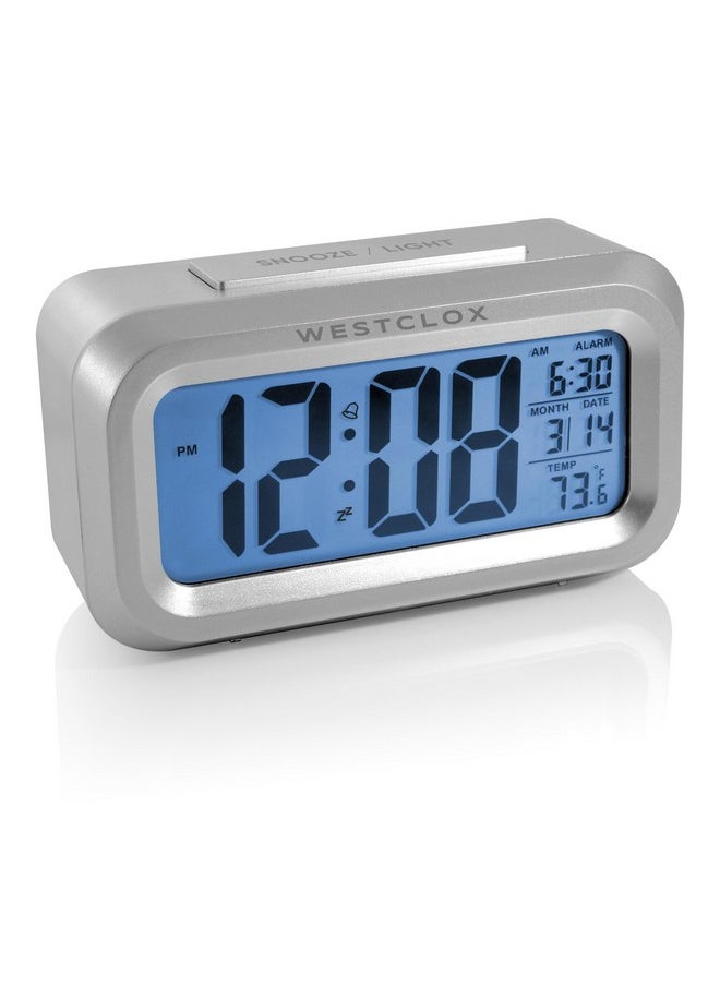 Alarm Clock With Large Digital Display And Blue Backlight On Demand, Westclox Alarm Clock, Month/Date And Temperature Display With Ascending 5 Minute Snooze Alarm, Silver