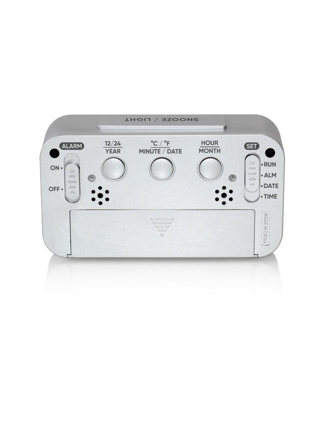 Alarm Clock With Large Digital Display And Blue Backlight On Demand, Westclox Alarm Clock, Month/Date And Temperature Display With Ascending 5 Minute Snooze Alarm, Silver