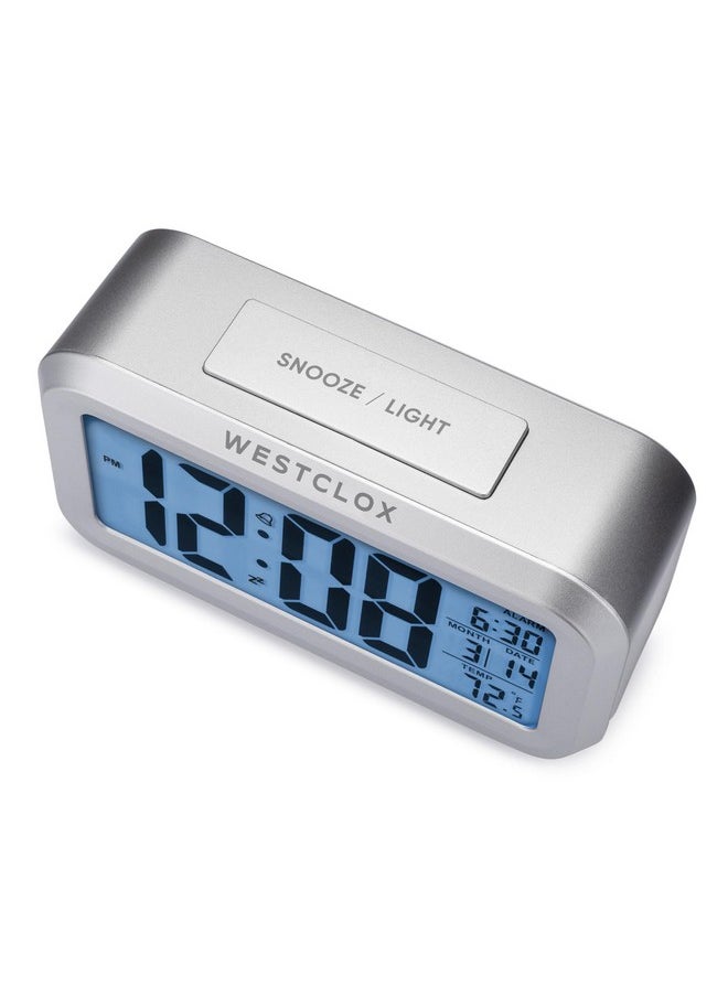 Alarm Clock With Large Digital Display And Blue Backlight On Demand, Westclox Alarm Clock, Month/Date And Temperature Display With Ascending 5 Minute Snooze Alarm, Silver