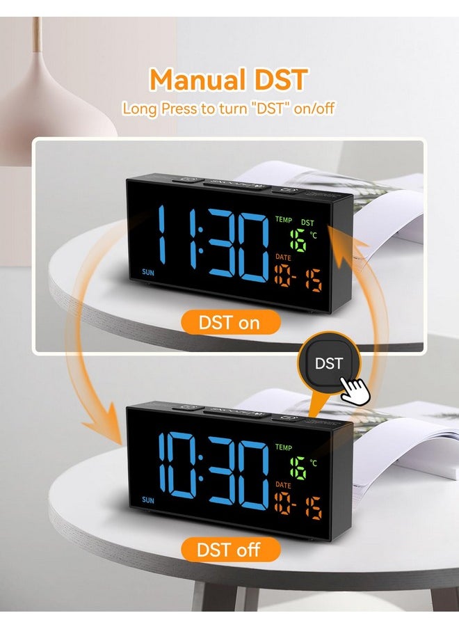 Alarm Clocks For Bedrooms, Digital Alarm Clock With Date Temperature And Weekday, Manual Dst, Snooze, 2 Alarms, 4 Volumes Bedside Desk Clock For Living Room Home (Black And Blue)