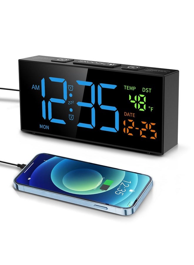 Alarm Clocks For Bedrooms, Digital Alarm Clock With Date Temperature And Weekday, Manual Dst, Snooze, 2 Alarms, 4 Volumes Bedside Desk Clock For Living Room Home (Black And Blue)