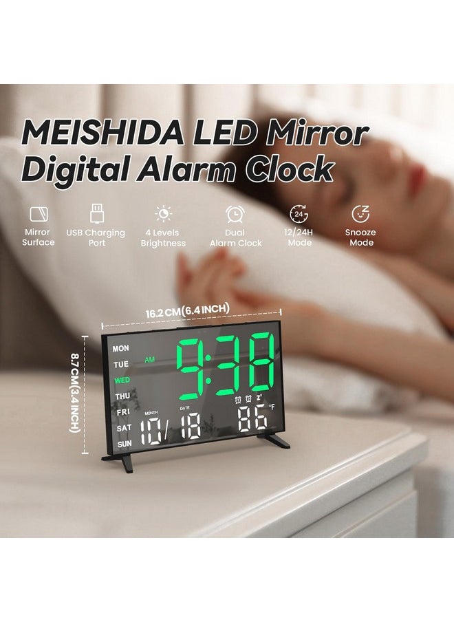 Alarm Clocks For Bedrooms, Small Digital Clock, Led Mirror Alarm Clock With Usb Ports, Desk Clock For Kids, Dual Alarms, Snooze, 4 Levels Brightness, 12/24H (Black)