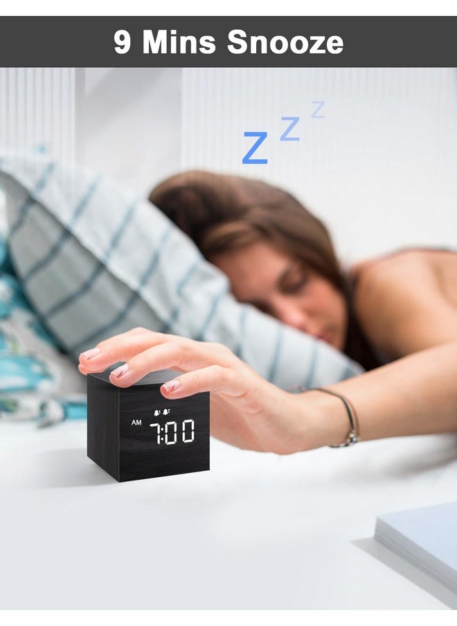 Digital Alarm Clock, With Wooden Electronic Led Time Display, Dual Alarm, 2.5-Inch Cubic Small Mini Wood Made Electric Clocks For Bedroom, Bedside, Desk, Black