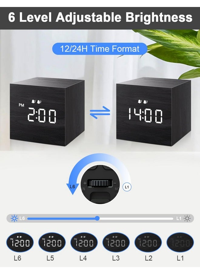 Digital Alarm Clock, With Wooden Electronic Led Time Display, Dual Alarm, 2.5-Inch Cubic Small Mini Wood Made Electric Clocks For Bedroom, Bedside, Desk, Black