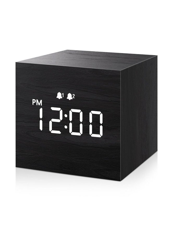 Digital Alarm Clock, With Wooden Electronic Led Time Display, Dual Alarm, 2.5-Inch Cubic Small Mini Wood Made Electric Clocks For Bedroom, Bedside, Desk, Black