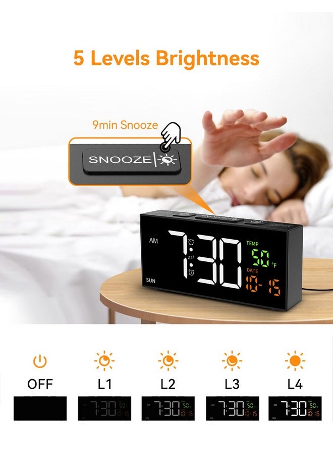 Alarm Clocks For Bedrooms, Digital Alarm Clock With Date Temperature And Weekday, Manual Dst, Snooze, 2 Alarms, 4 Volumes Bedside Desk Clock For Living Room Home (Black)