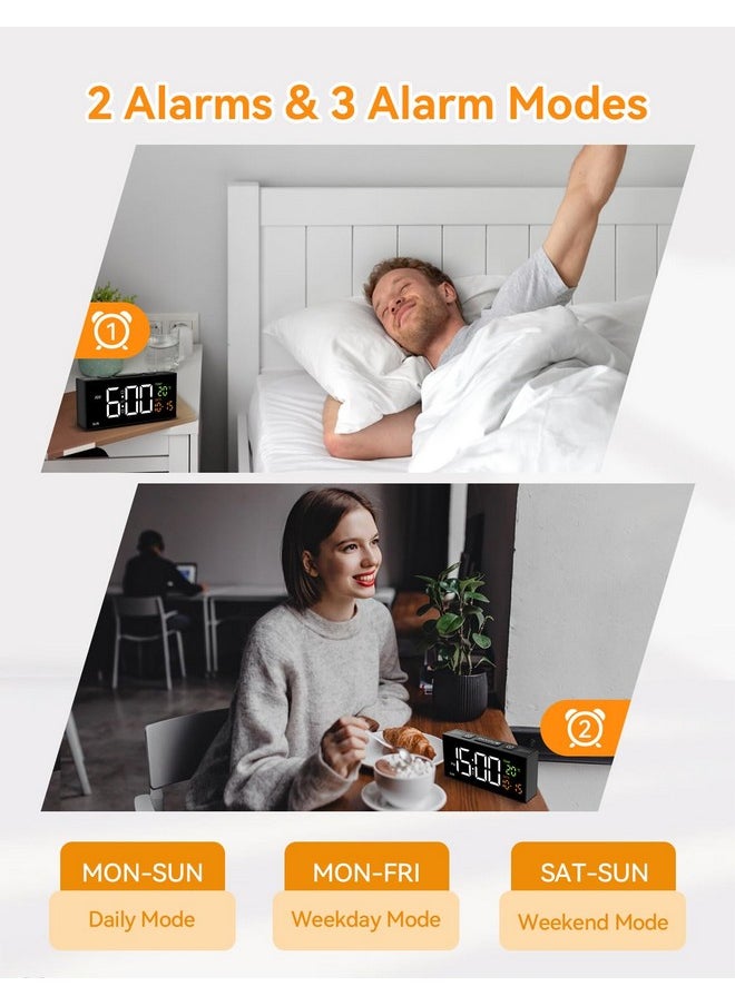 Alarm Clocks For Bedrooms, Digital Alarm Clock With Date Temperature And Weekday, Manual Dst, Snooze, 2 Alarms, 4 Volumes Bedside Desk Clock For Living Room Home (Black)