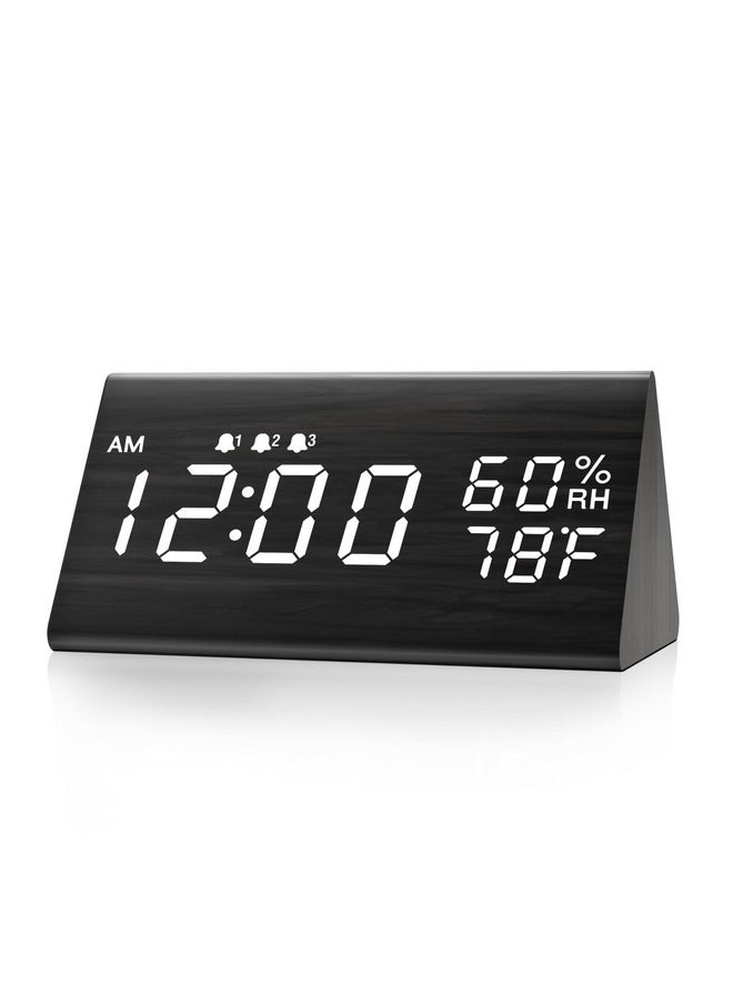 Digital Alarm Clock, With Wooden Electronic Led Time Display, 3 Alarm Settings, Humidity & Temperature Detect, Wood Made Electric Clocks For Bedroom, Bedside (Black)