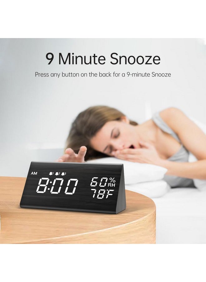 Digital Alarm Clock, With Wooden Electronic Led Time Display, 3 Alarm Settings, Humidity & Temperature Detect, Wood Made Electric Clocks For Bedroom, Bedside (Black)