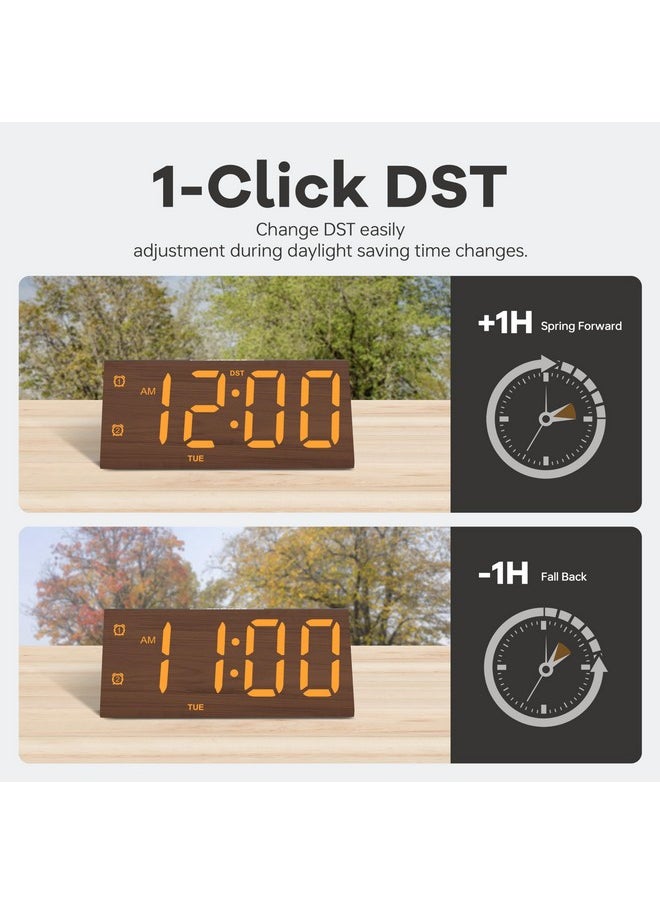 Wooden Digital Alarm Clocks For Bedrooms, Large Bold Digits Electric Desk Clock, With Dual Alarm, Usb Port, Dst, Auto Dimmer For Wood Decor, Bedside, Gift (Brown)