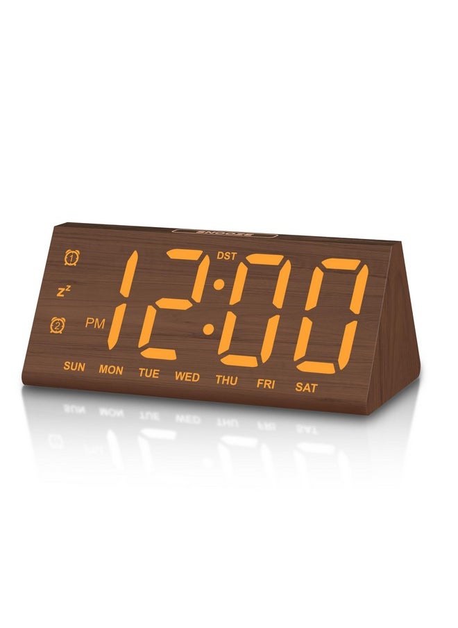 Wooden Digital Alarm Clocks For Bedrooms, Large Bold Digits Electric Desk Clock, With Dual Alarm, Usb Port, Dst, Auto Dimmer For Wood Decor, Bedside, Gift (Brown)