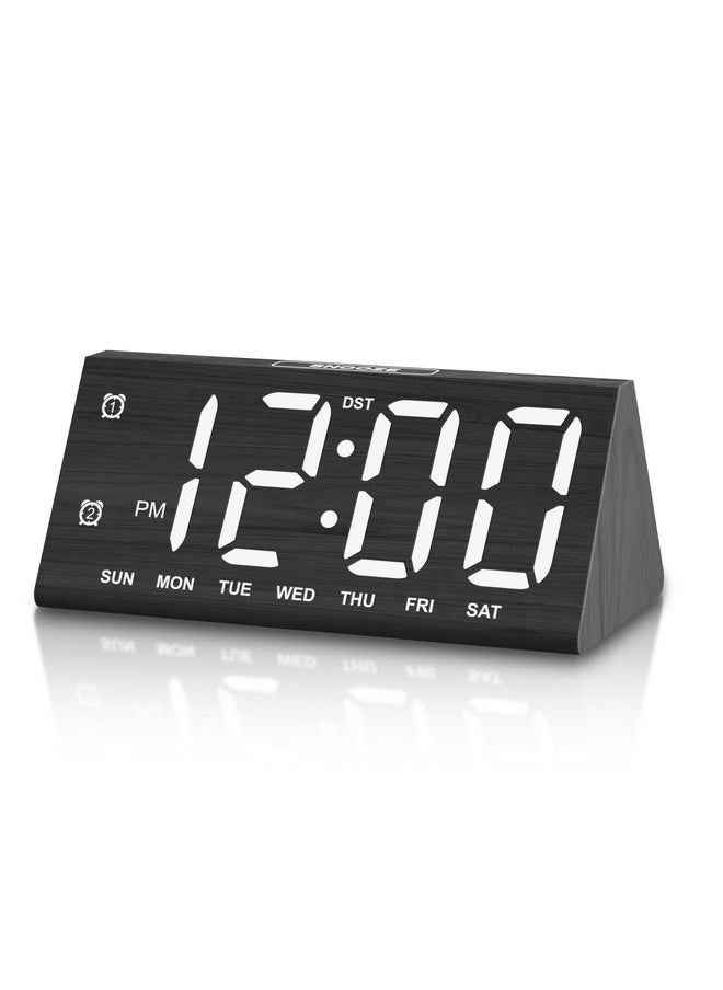 Wooden Digital Alarm Clocks For Bedrooms, Large Bold Digits Electric Desk Clock, With Dual Alarm, Usb Port, Dst, Auto Dimmer For Wood Decor, Bedside, Gift (Black)