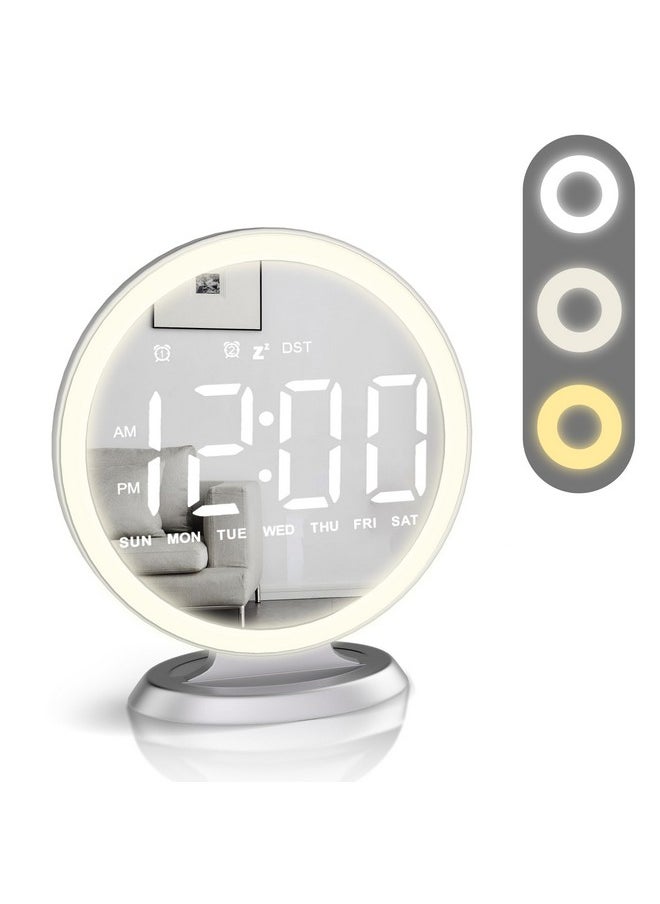 Round Mirror Lighted Digital Alarm Clock, Mirror Surface For Makeup, Large Display, Easy Setting, Auto Dst, Auto Dimming, Usb Port, Modern Decor For Home, Bedroom, Office, Gift For Women, Girl, Silver