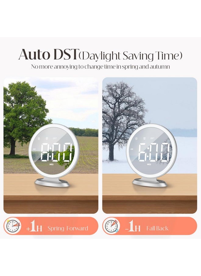 Round Mirror Lighted Digital Alarm Clock, Mirror Surface For Makeup, Large Display, Easy Setting, Auto Dst, Auto Dimming, Usb Port, Modern Decor For Home, Bedroom, Office, Gift For Women, Girl, Silver